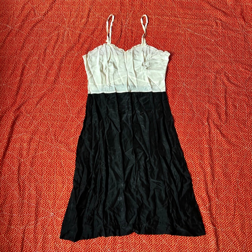 Vintage 1940s rayon black and white Slip Dress Black White Lace Trim Midi